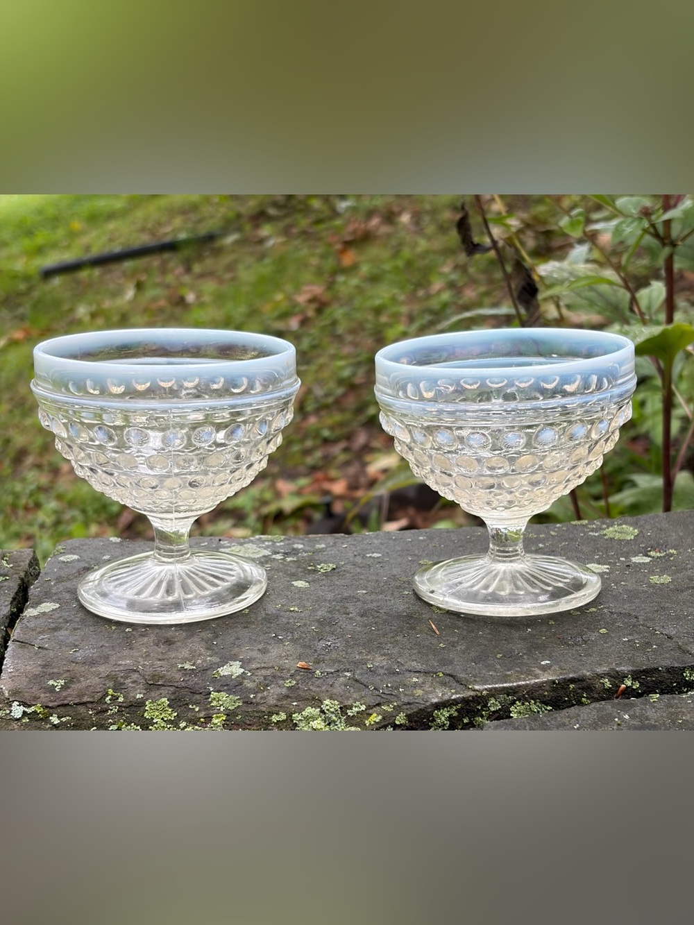 RARE PAIR Anchor Hocking Moonstone Opalescent Glass Hobnail Dessert Sherbet Cups